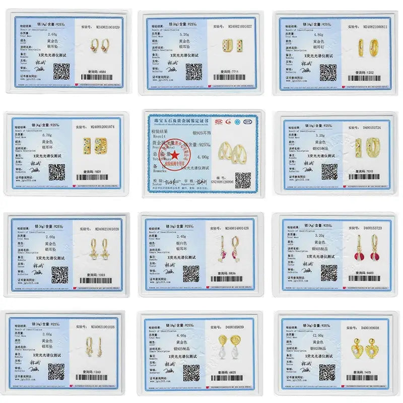16 Simples Market Classic earrings: 925 silver/gold-tone hoops with stars, moons, pearls, bees on certificate cards
