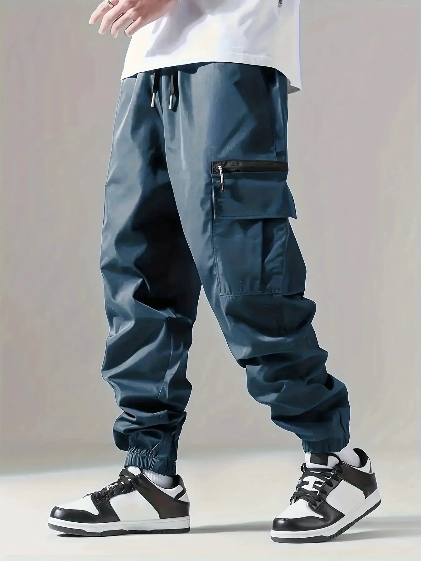 Men's cargo pants by Simples Market in dark blue lightweight fabric with drawstring waist and zip pocket