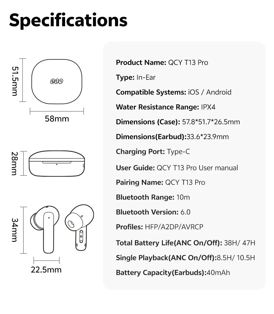 QCY T13 Pro in-ear wireless earbuds with 13mm drivers, 50dB hybrid ANC, Bluetooth 6.0 — Simples Market