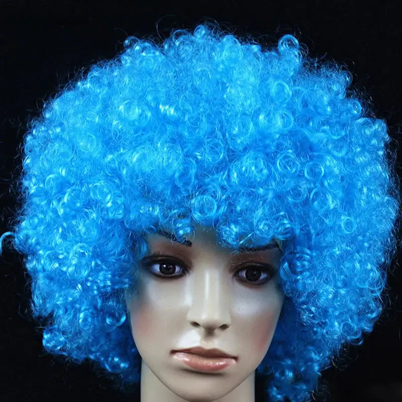 Women curly cosplay wig, electric blue synthetic curls on mannequin head