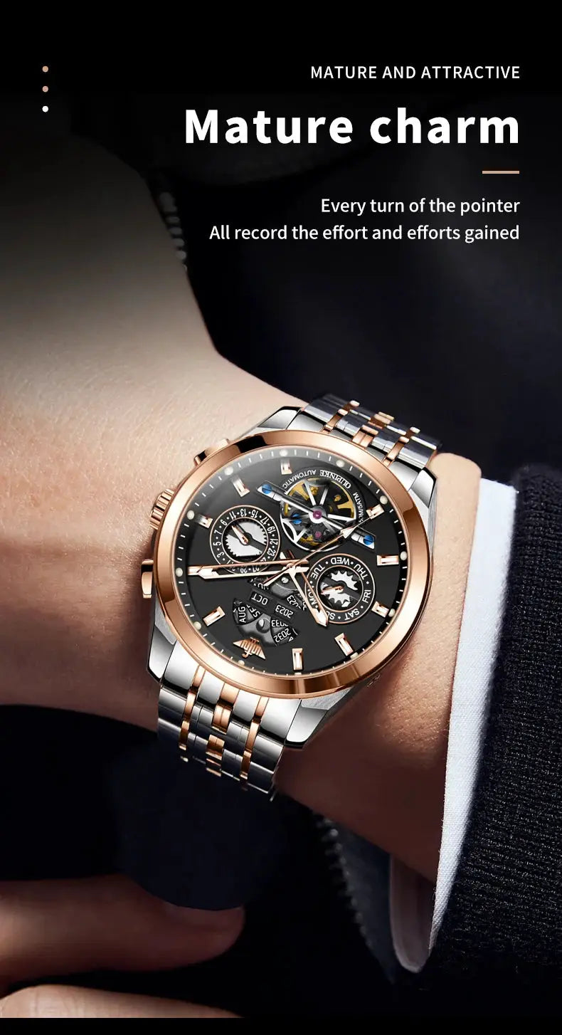OUPINKE 3251 men's skeleton automatic watch with rose-gold bezel and two-tone stainless steel bracelet