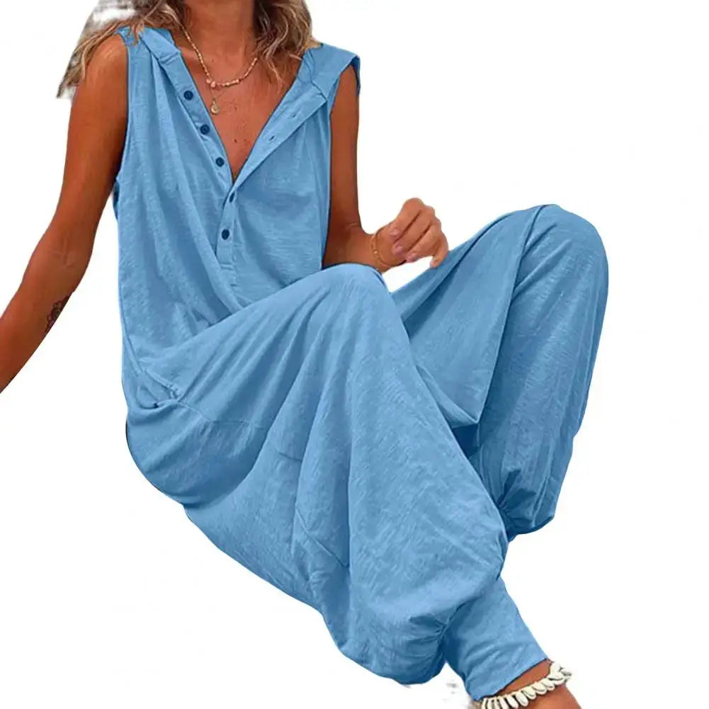 Simples Market cotton overalls in light blue, sleeveless jumpsuit with front button placket
