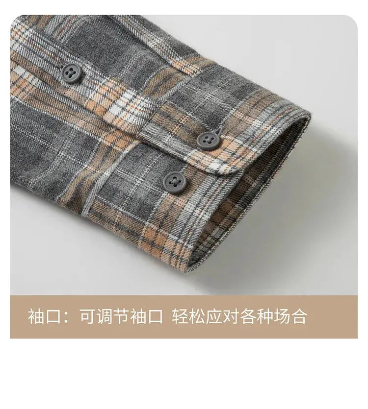 Simples Market plaid flannel shirt, 100% cotton, grey-brown mix, adjustable button cuffs.