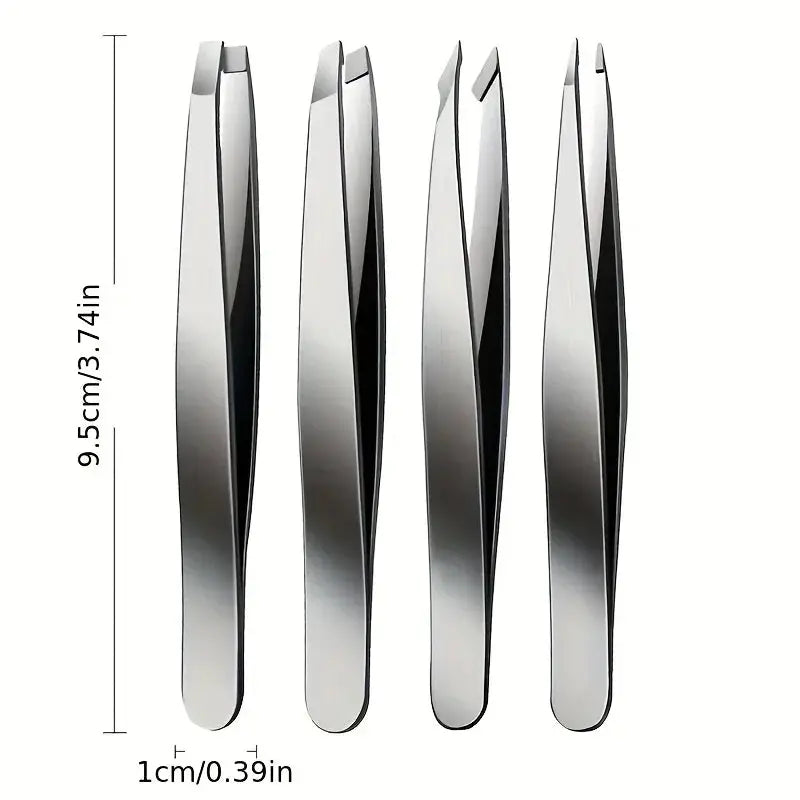 4 Piece Professional Tweezers Set For Eyebrow Hair Removal And Splinter Extraction Stainless Steel