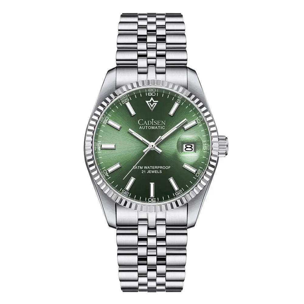 CADISEN men's automatic stainless steel watch with green dial and date window