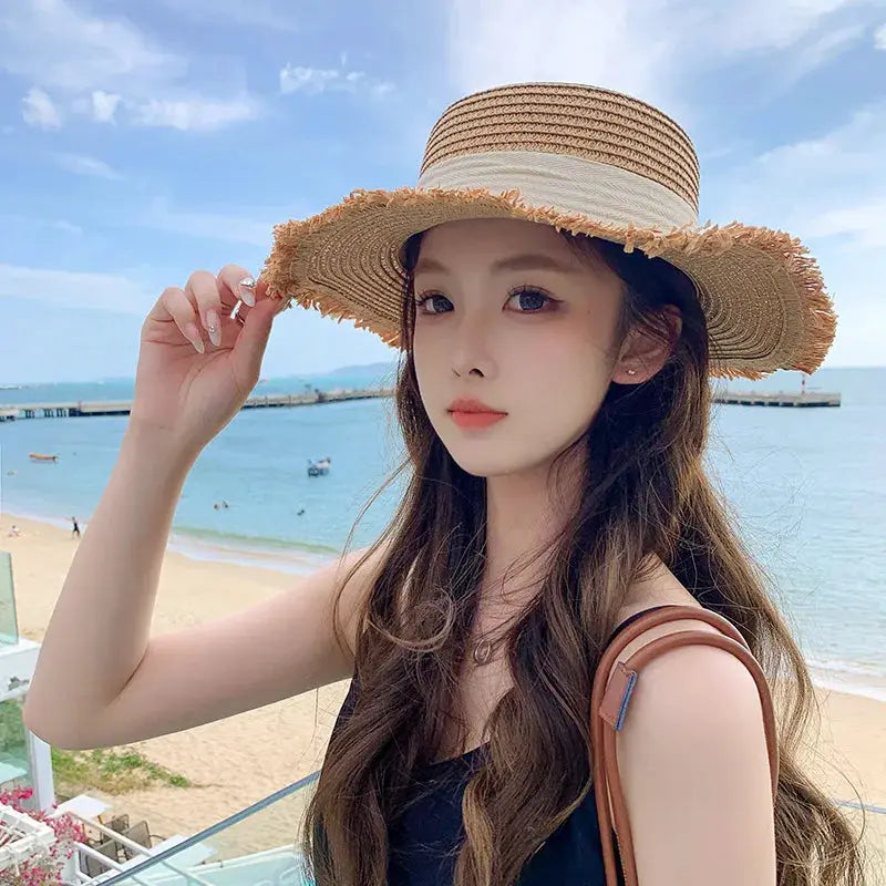 Korean Bow Straw Hat for Women by Simples Market, beige wide-brim beach sun hat.