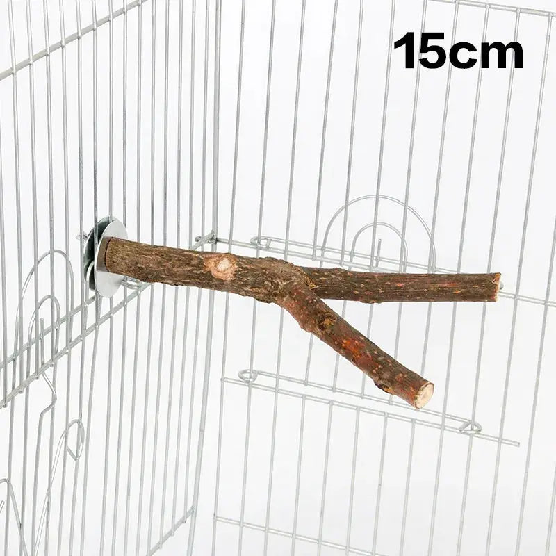 Wooden bird cage perch branch, 15 cm, attached to cage wall with suction cup.