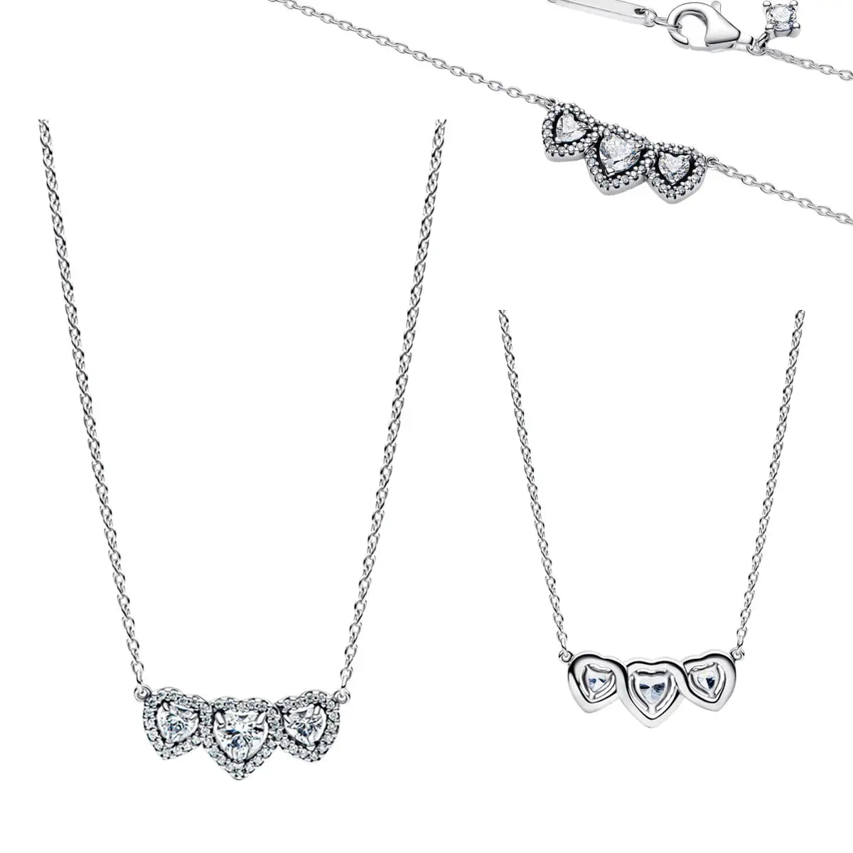 Silver-tone jewelry set: two heart pendant necklaces and a heart bracelet