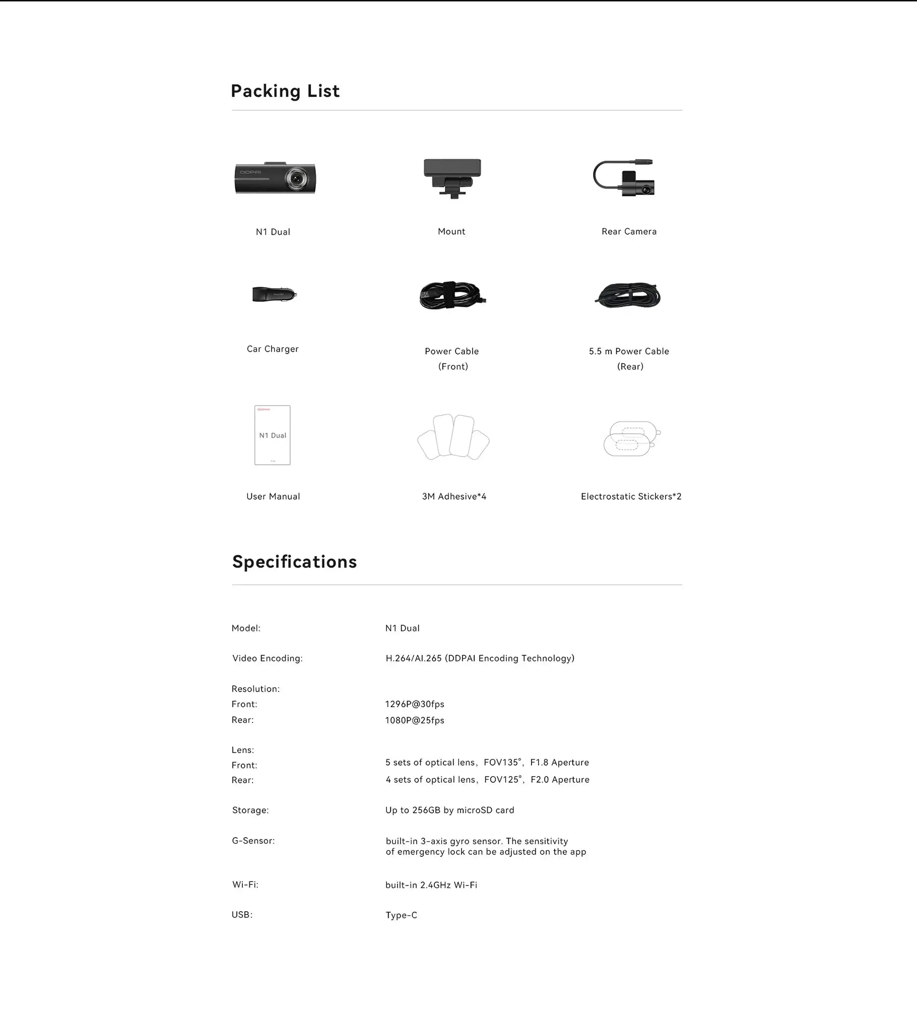 DDPAI N1 Dual dash cam packing list: N1 Dual unit, mount, rear camera, charger, cables, manual, stickers.