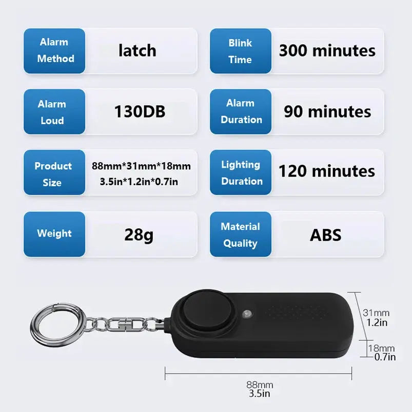 Protect Alert 130dB panic alarm, black ABS personal defense siren with keychain from Simples Market