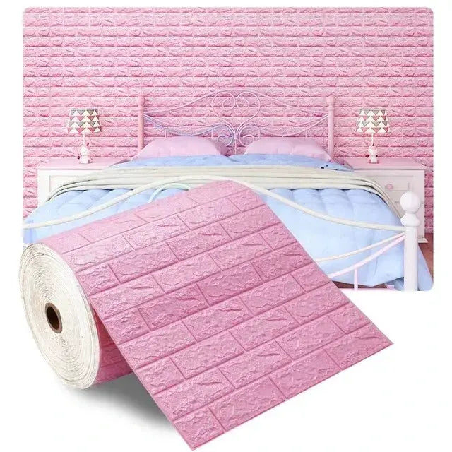 3D self-adhesive pink brick wallpaper roll by Simples Market; waterproof wall decor for living room and bedroom.