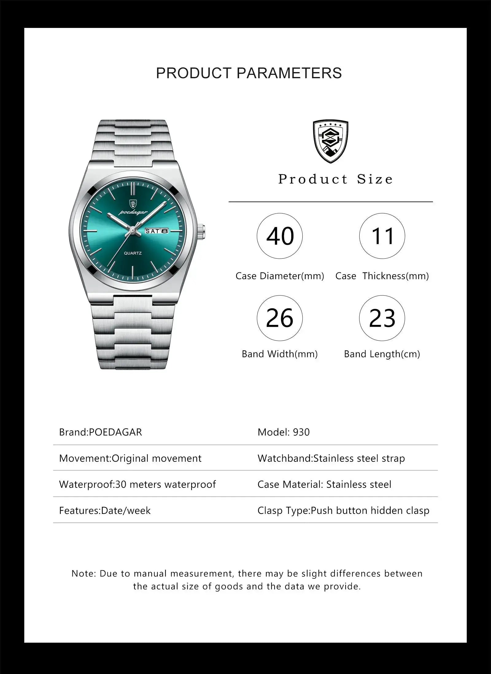 POEDAGAR stainless steel men's watch with teal dial, date window, quartz movement
