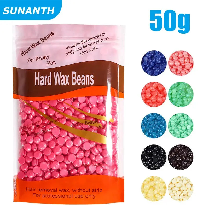 Hard wax beans 50g bag for hair removal, pink beads with color swatches