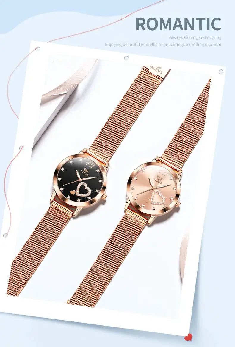 OLEVS 5189 women's quartz watch with rose-gold mesh strap and heart design dial; two watches shown