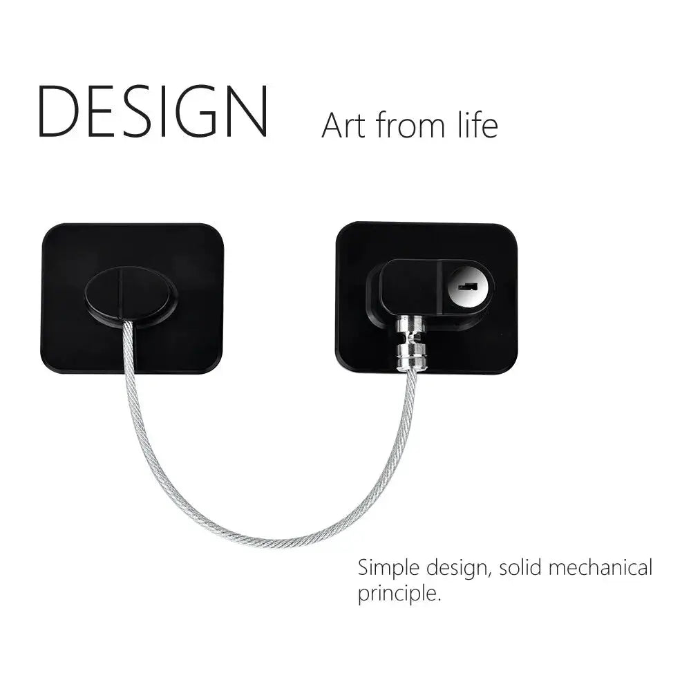 Child safety lock cable by Simples Market for windows and fridges; black mounting plates connected by steel wire.
