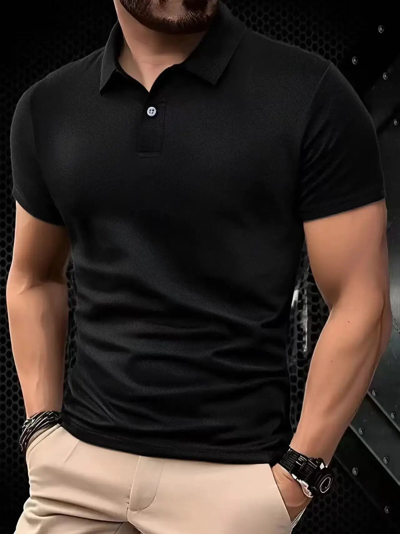 Men's black short-sleeve polo shirt with collar, solid color knit fabric