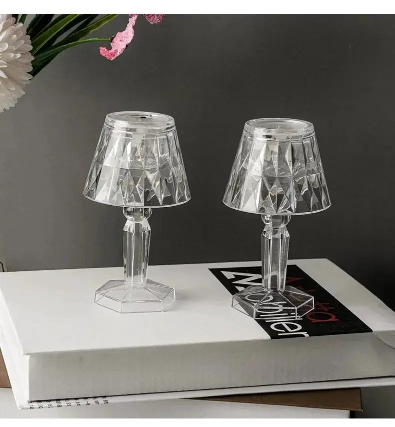 Mini crystal table lamp set (2) with diamond-cut clear bases; color-changing LED battery-powered bedside night lights.