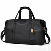 Large Capacity Travel Bag by Simples Market, black unisex duffel with top handles and orange zipper pulls