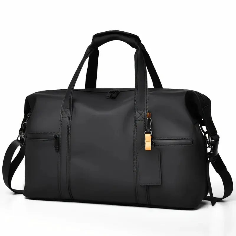 Large Capacity Travel Bag by Simples Market, black unisex duffel with top handles and orange zipper pulls