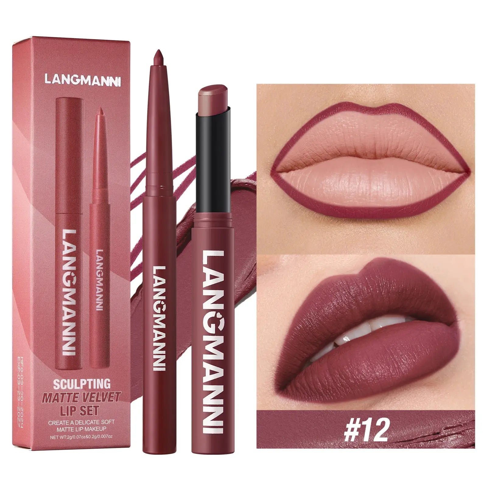 Luxelle Lip Liner and Lipstick Duo Waterproof Smudge Proof Long Lasting Wear Easy to Apply