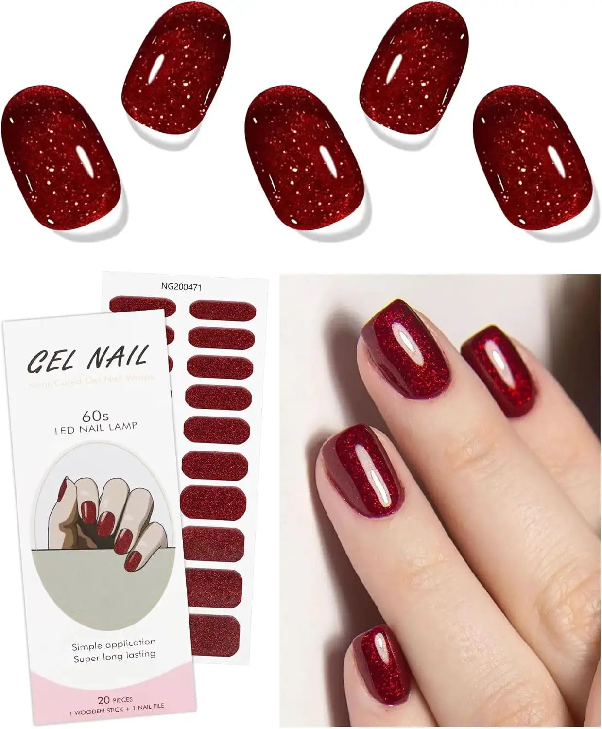 Red glitter gel nail wrap set; 20 full-cover pieces for DIY manicure with nail file and wooden stick.