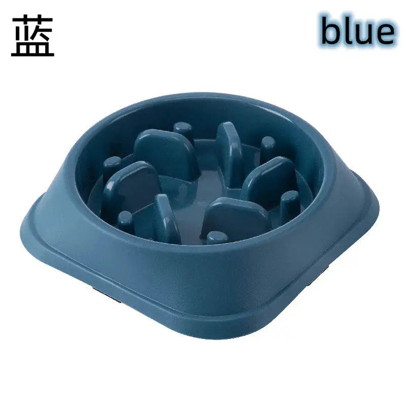 Slow-feeder pet bowl, blue, with round non-slip base and multiple interior dividers.