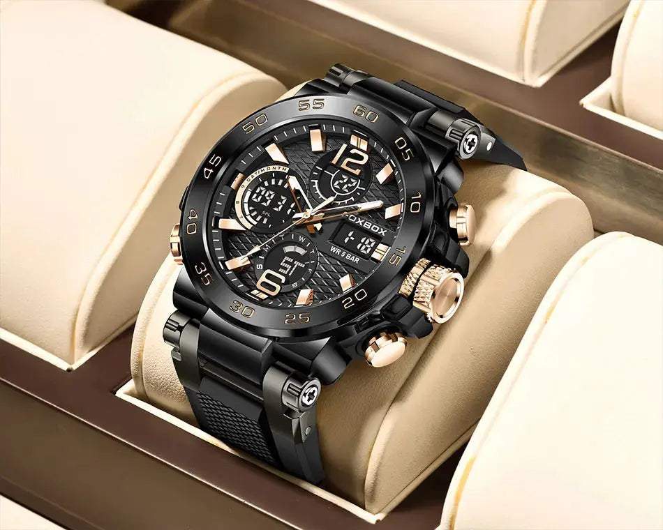 FOXBOX sport men's chronograph watch; black with rose-gold accents, big dial, stainless steel band, water-resistant