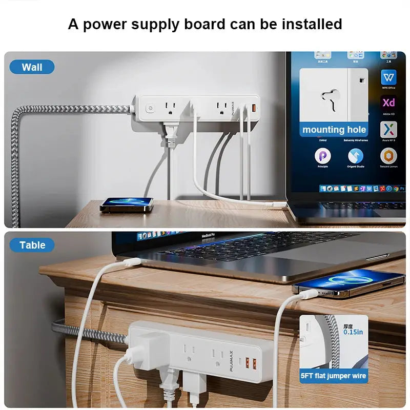 PUJIMAX 5FT Power Strip With 5 Outlets And 3 USB Ports Wall Mountable Surge Protector And Overload Protection