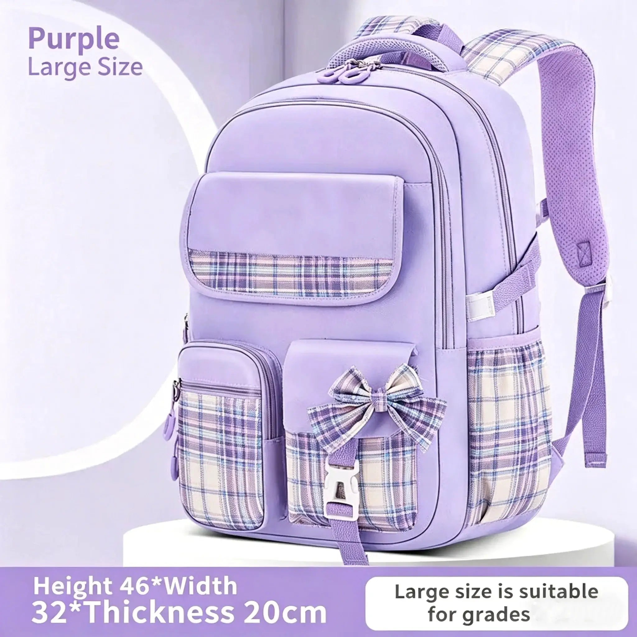 Backpack for girls in purple with plaid accents and bow, large-capacity and waterproof