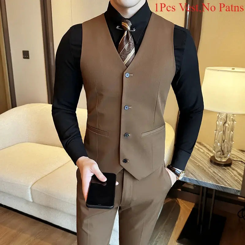 Men's brown waistcoat over black dress shirt and tie; tailored, buttoned front vest
