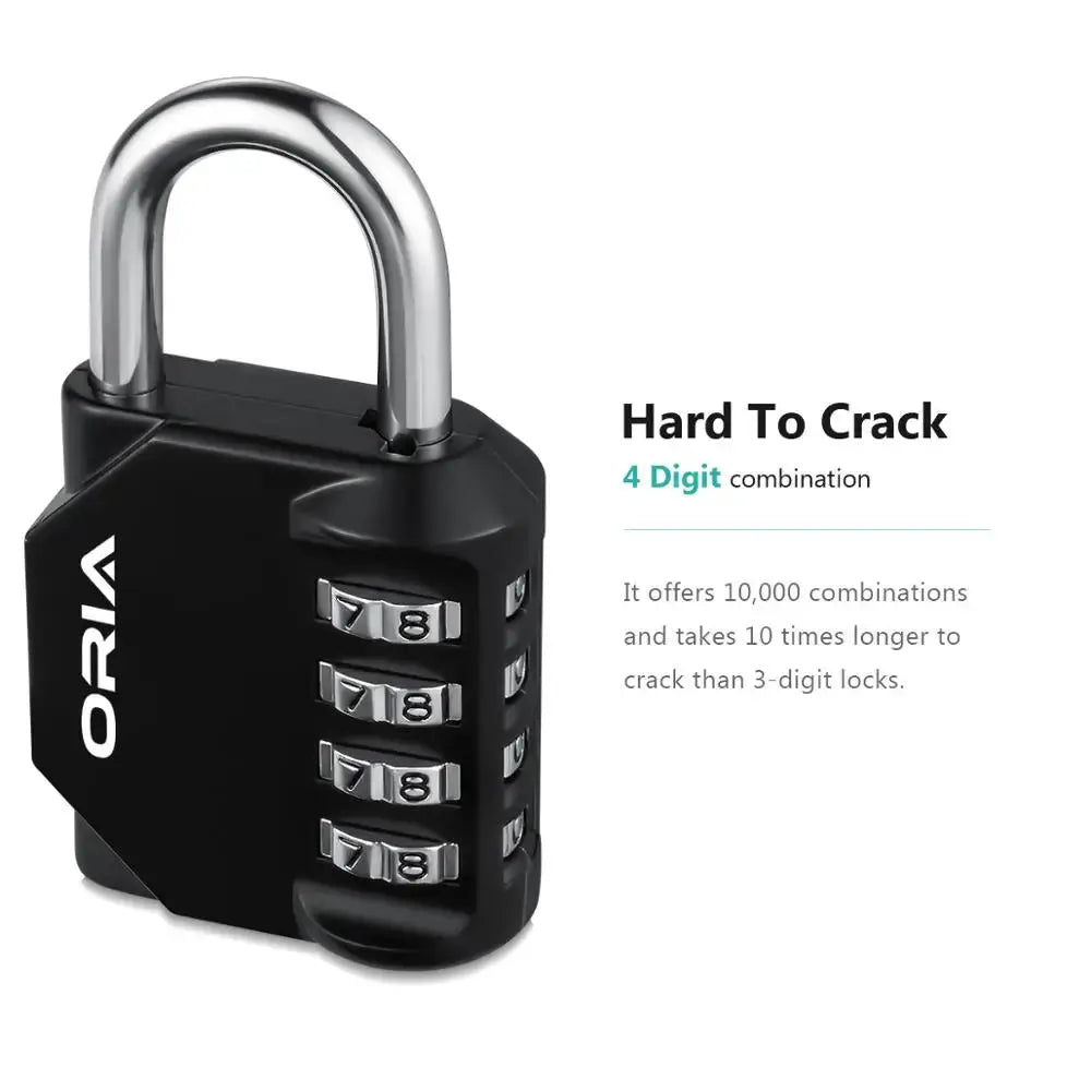 ORIA 4-digit combination padlock, black body with silver dials, waterproof outdoor lock
