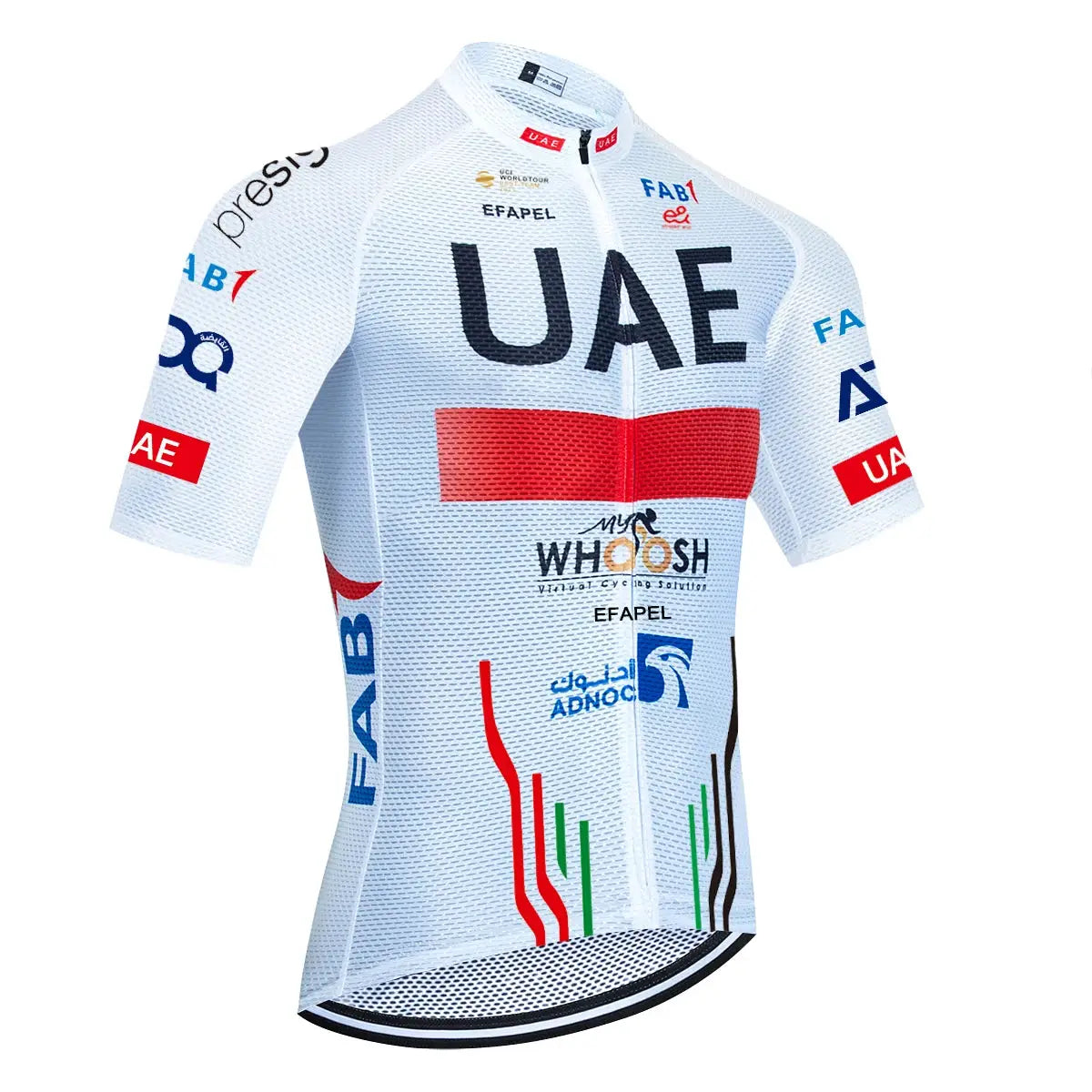 Men's UAE cycling jersey set, white short-sleeve MTB jersey with red chest band and sponsor logos.