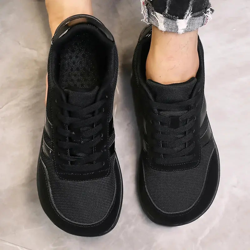 Pair of wide running shoes, black lightweight breathable mesh, anti-slip barefoot-style cross-training sneakers