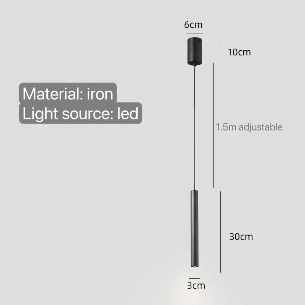 Minimalist bedside pendant lamp with iron body, LED light, black finish, 1.5m adjustable cord