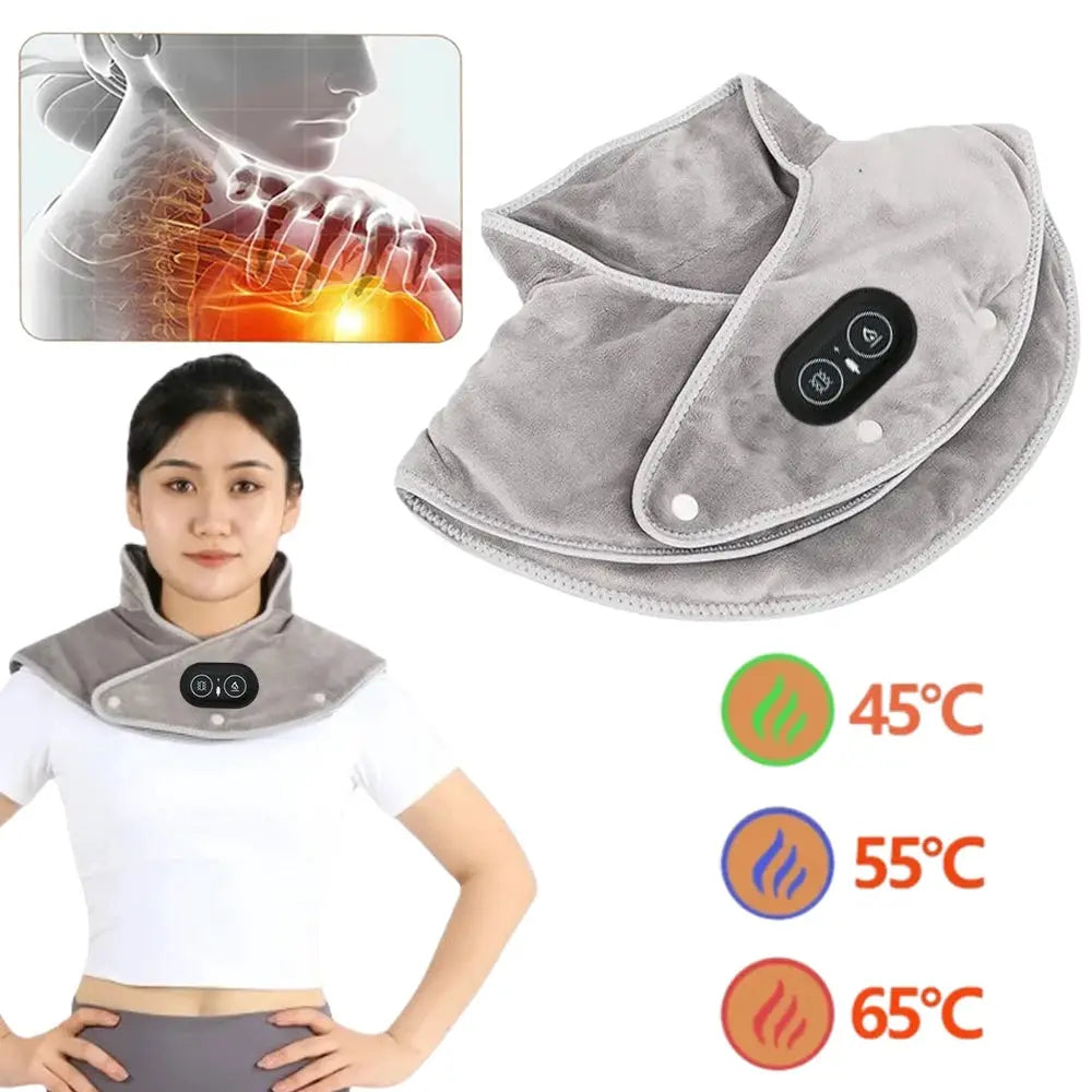 Gray electric heating neck and shoulder wrap with control panel and three heat settings worn by a model.