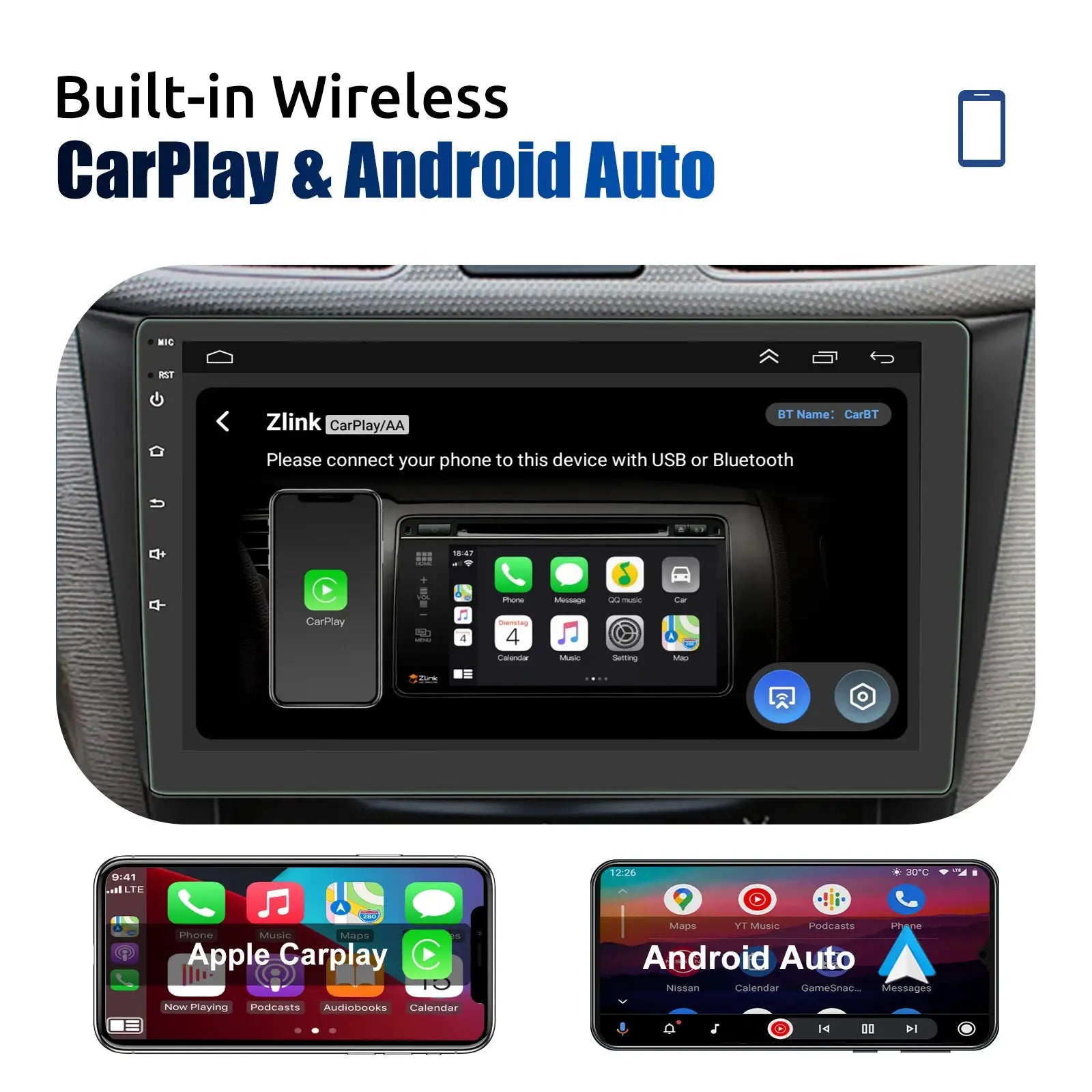 ESSGOO 2-DIN Android car stereo with CarPlay & Android Auto, 7/9/10 inch touchscreen, Bluetooth, GPS