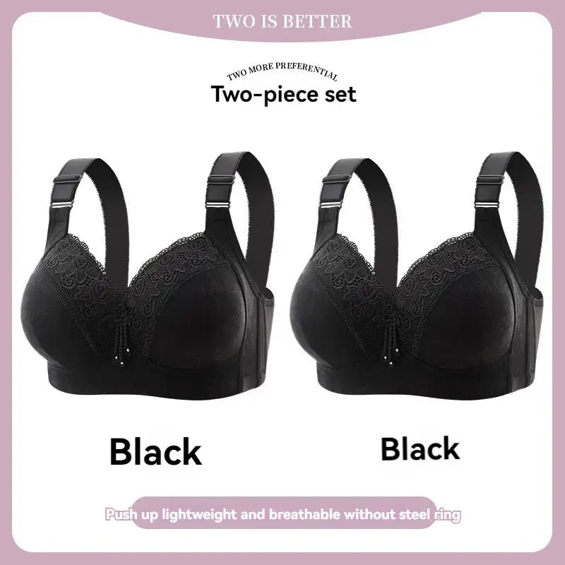 Two black lace bras in a two-piece set with adjustable straps