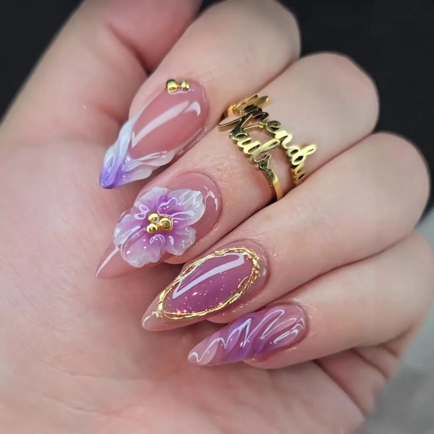 GlamNail Pink Almond Press On Nails Full Coverage Carved Flower 3D Ripple French Tips Golden Pearl Finish