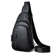Black genuine pebbled leather chest bag for men with crossbody strap and multiple zipped pockets.