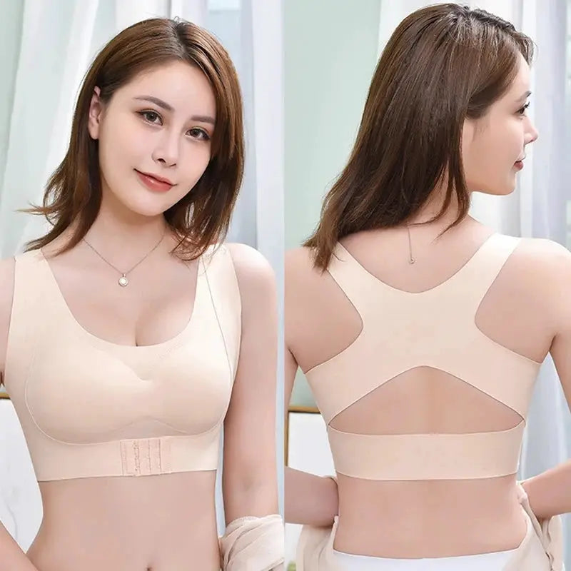 Posture correction bra nude beige seamless push-up with wide back straps and racerback design