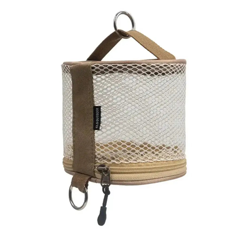 Camping tissue holder Simples Market: mesh hanging case with brown strap and metal ring.