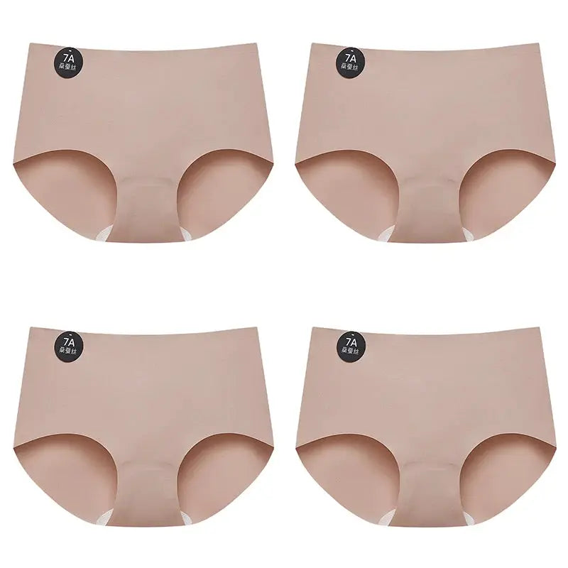 4-piece set of seamless Mulberry silk briefs for women in nude beige