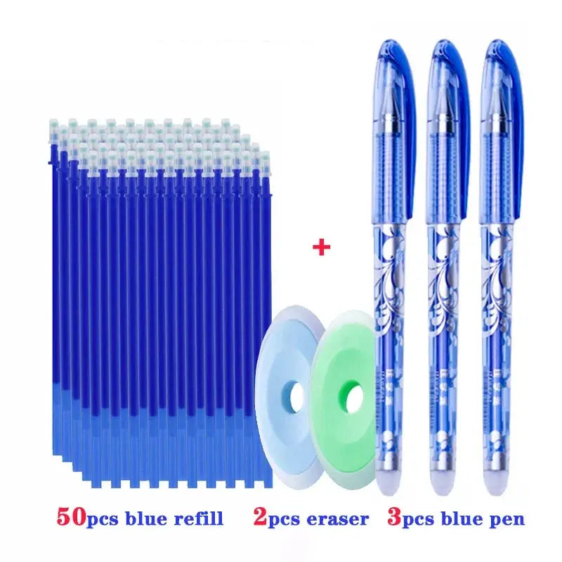 55pcs blue erasable gel pen set by Simples Market; includes 50 blue refills, 2 erasers, and 3 blue pens
