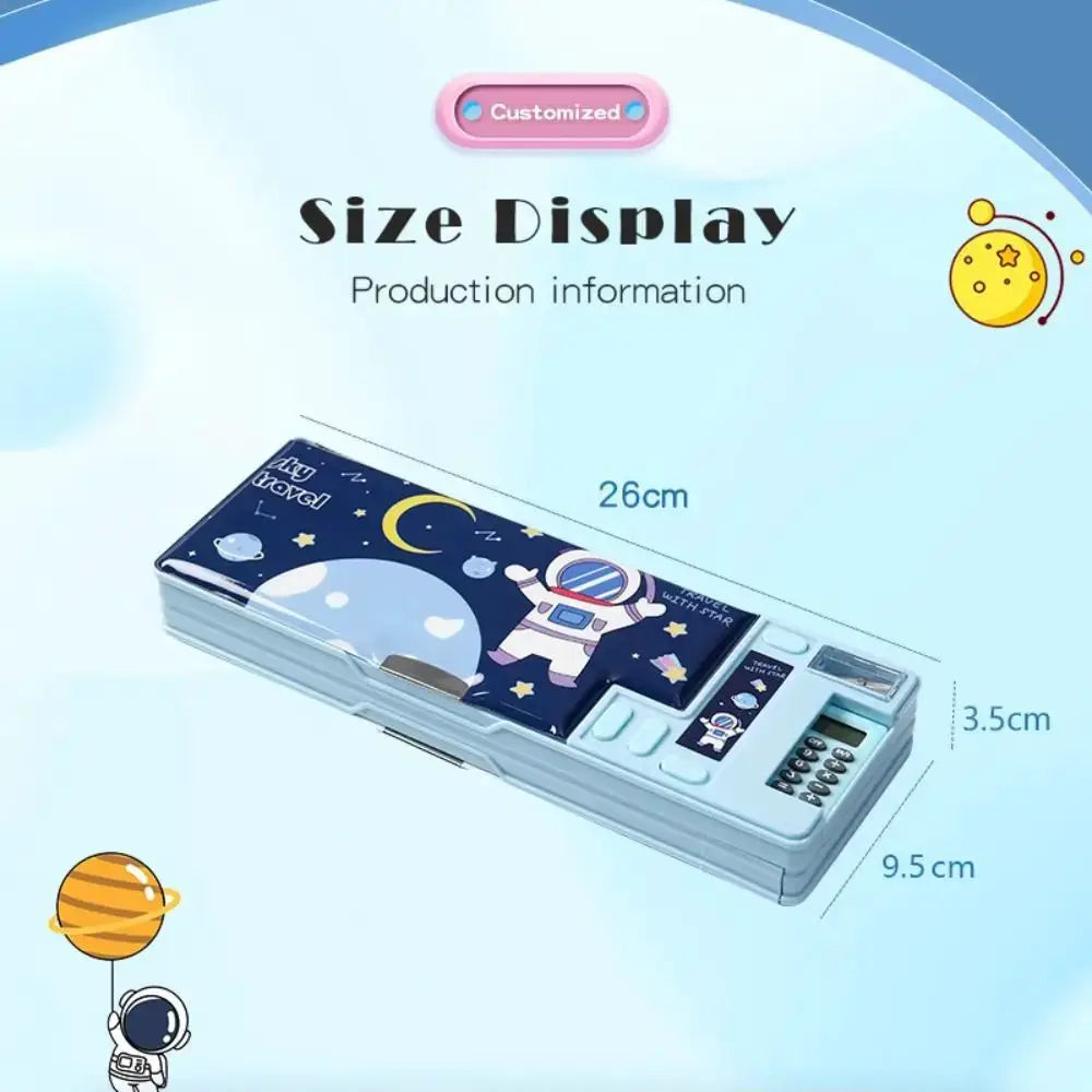 Simples Market plastic pencil case with built-in calculator and sharpener, space-themed double-sided blue design