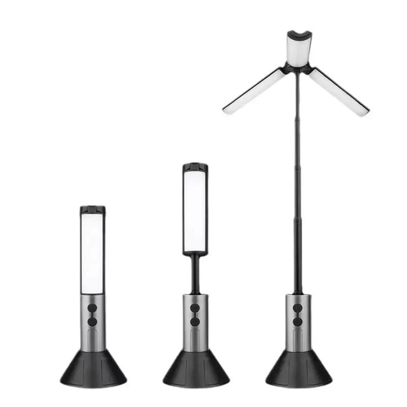 Simples Market rechargeable outdoor camping light with foldable panels; black-silver finish, three-unit display