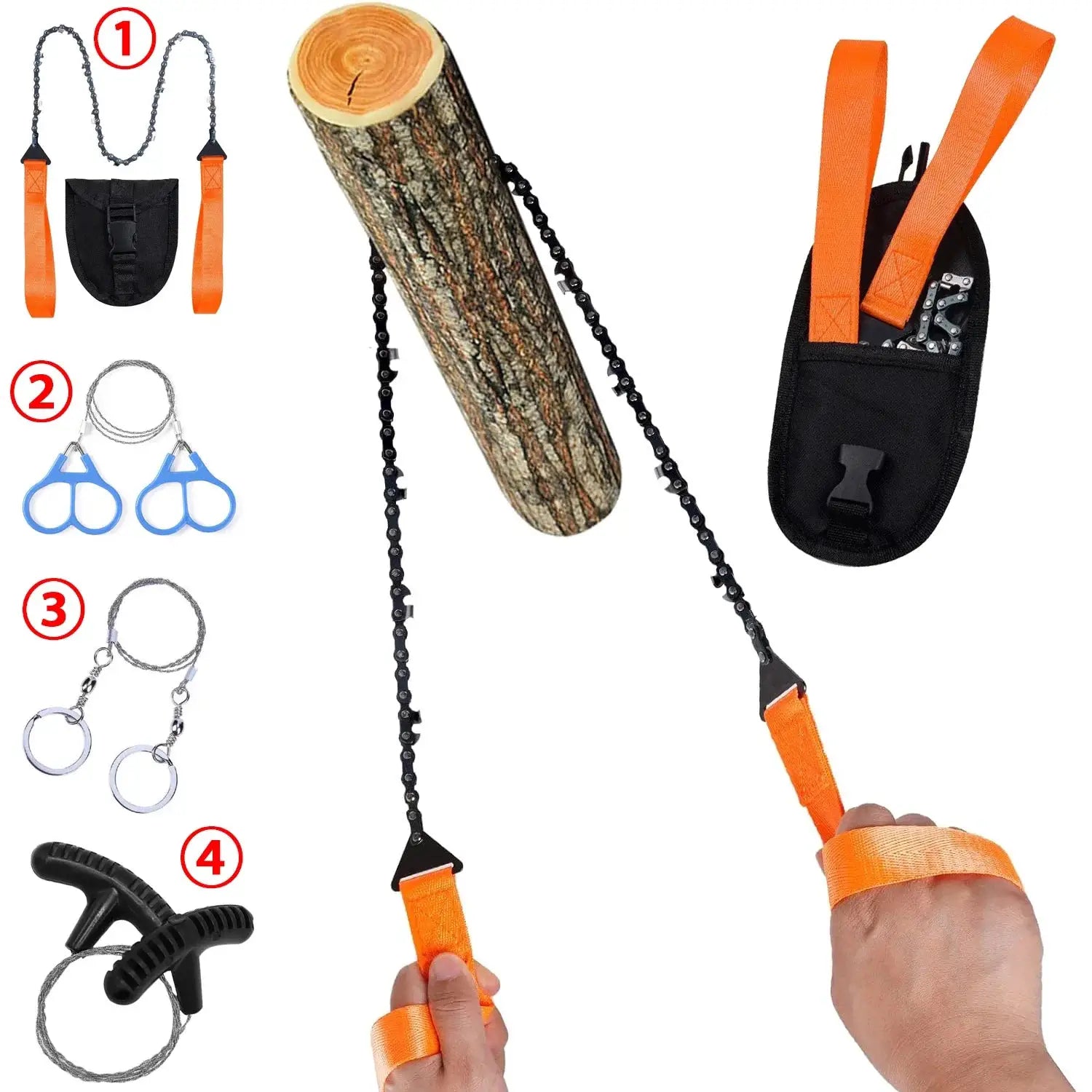 Simples Market survival chain saw kit with orange straps and black pouch (4 styles)