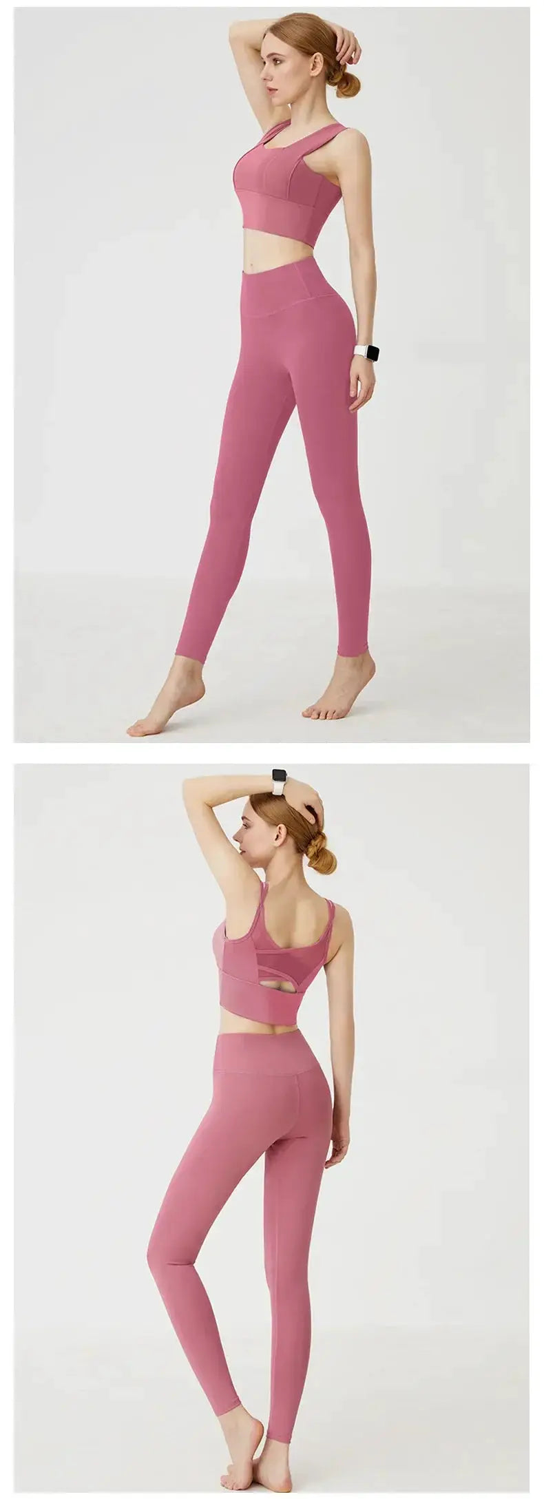 Two-piece pink workout set: high-waist leggings and matching sports bra by Simples Market, UPF50+.
