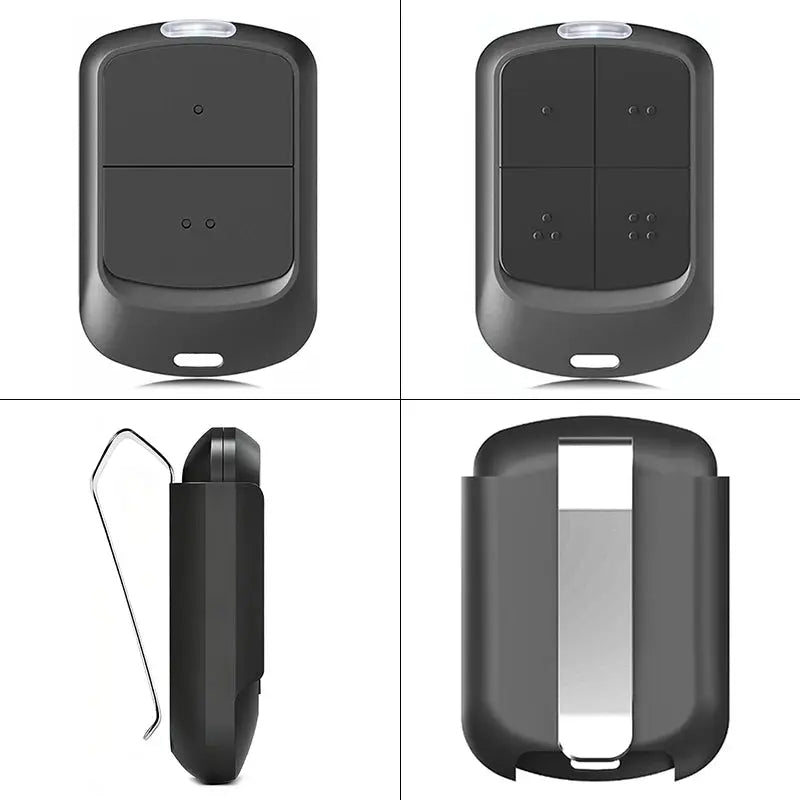 Simples Market black garage door remote duplicator; multifrequency auto-scan design with front and back views.