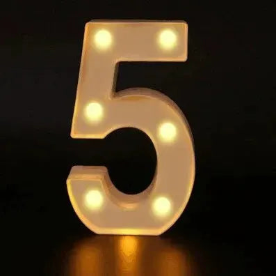 Number 5 LED lamp with warm white lights on a white plastic frame.