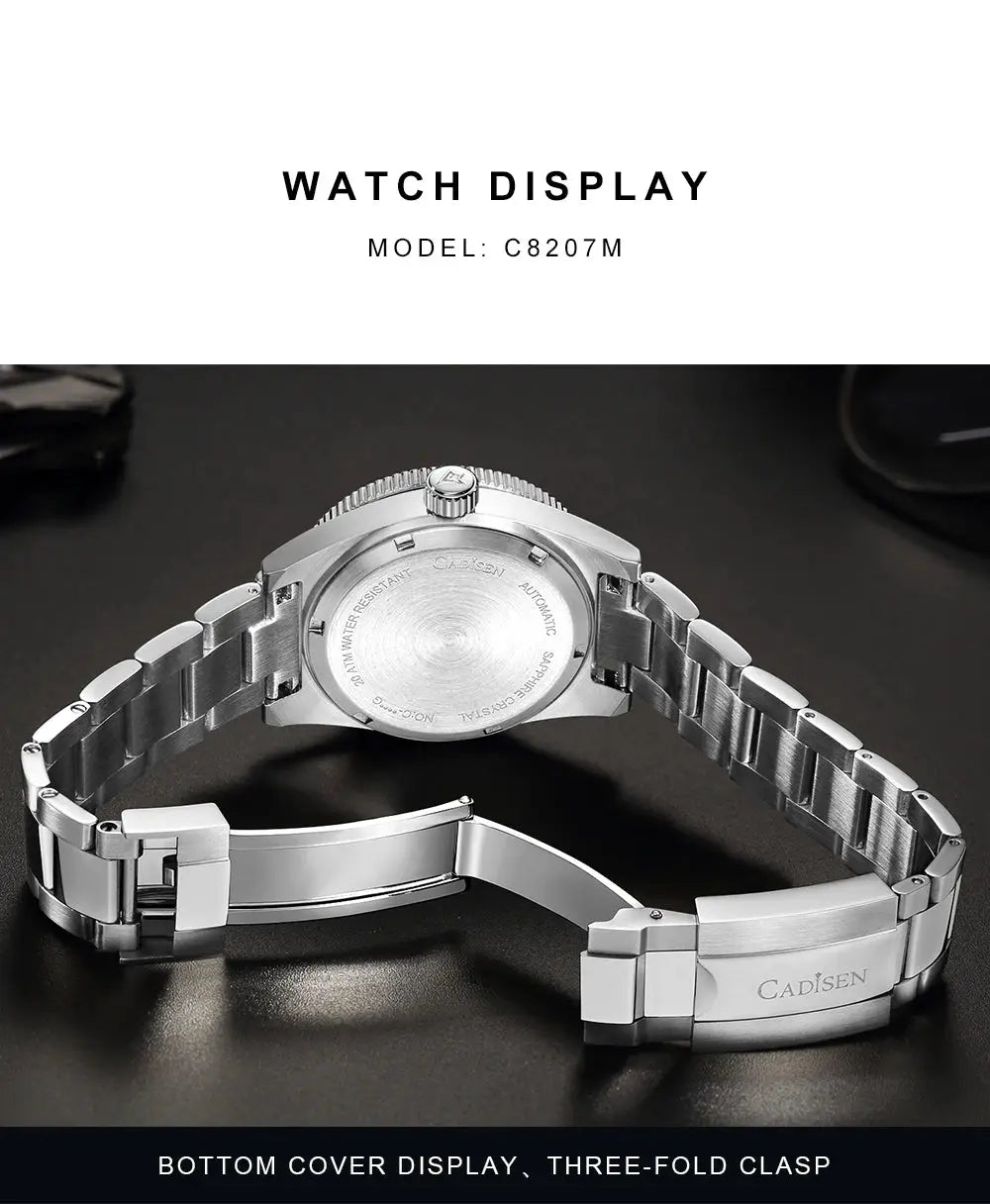 CADISEN men's diver watch, stainless steel bracelet, 38mm automatic, sapphire glass, 100M water resistant